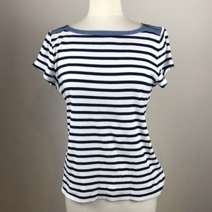 Lauren by Ralph Lauren navy blue and white striped top with zipper on shoulders